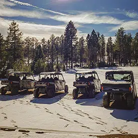 Four UTVs parked on a snow field