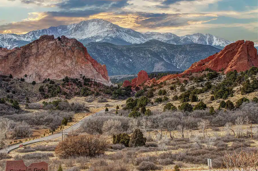 Snow-dusted red rock formations at Garden of the Gods near Woodland Park.