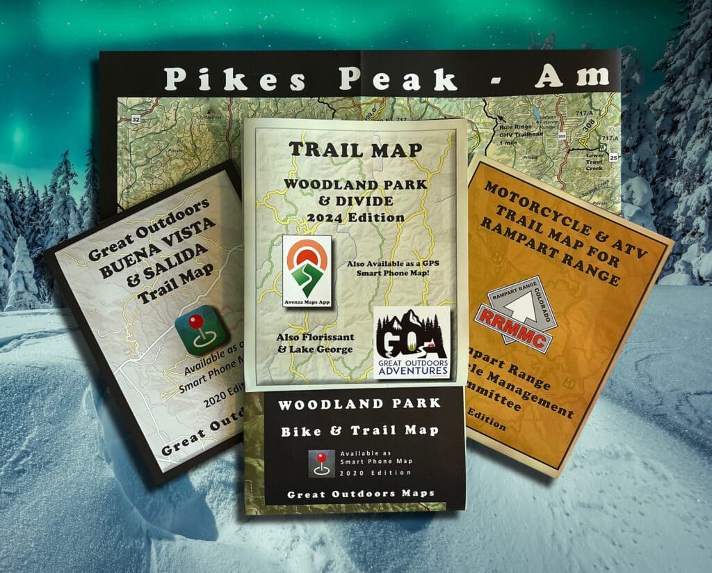 Explora actividades invernales cerca de Woodland Park con los mapas de Great Outdoors Adventures, incluyendo senderos en UTV y Jeep, miradores panorámicos y atracciones invernales locales.