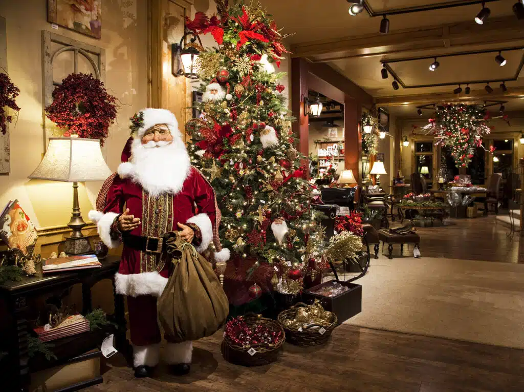 Tweeds Fine Furnishings in downtown Woodland Park decorated for winter with mountain-chic holiday décor