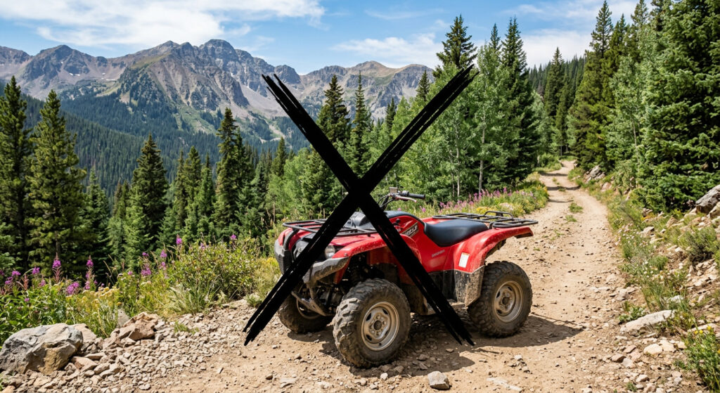 Single-rider red ATV quad rental parked on a mountain trail near Woodland Park Colorado with scenic mountain peaks in the background
