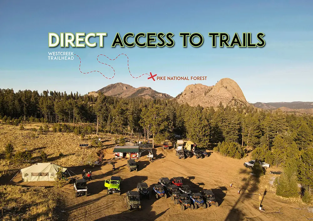Aerial view of the Great Outdoors Adventures UTV trailhead basecamp showing parked off-road vehicles surrounded by forest and mountains, overlaid with text reading "Direct Access to Trails" pointing toward Pike National Forest.