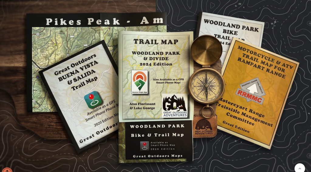 Custom waterproof paper and digital trail maps for Pikes Peak, Rampart Range, and Colorado backcountry off-road riding by Great Outdoors Adventures.