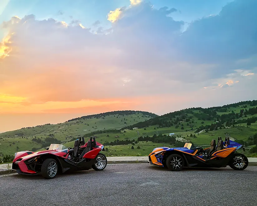 Rent a Polaris Slingshot for open-air highway drives and sunset mountain views in the Colorado Rockies